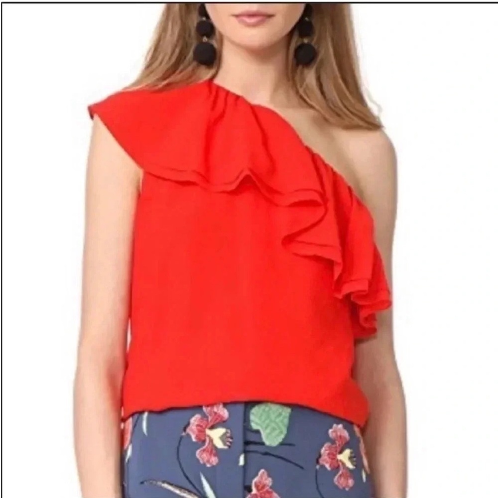Rebecca Taylor red silk one shoulder ruffle top